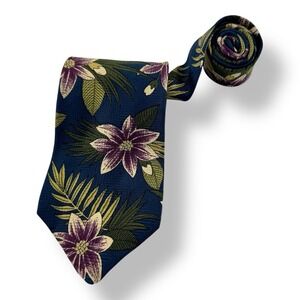 Damon Vintage 100% Silk Tie Blue Green Leaf Purple Floral Men's Size 3.75"x55"